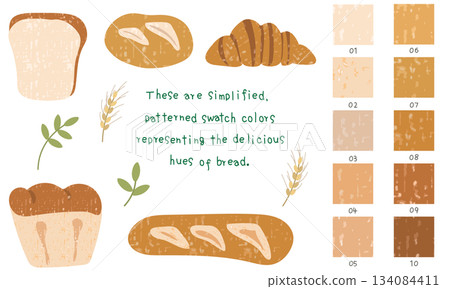 Cute bread illustration and color texture (seamless pattern) set Cute bread illustration and color texture (seamless pattern) set 134084411