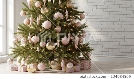 Modern Christmas Tree Decorated with Blush Pink and Rose Gold Ornaments 134084509