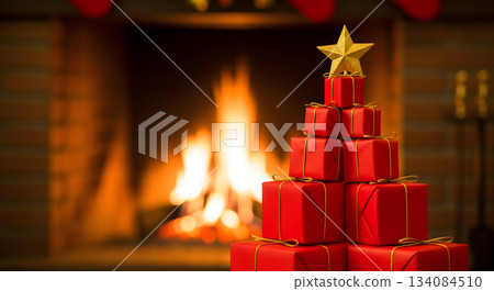 Red Gift Boxes Stacked Like a Tree in Front of a Burning Fireplace 134084510