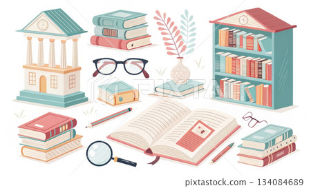 Charming book and library icon set illustration for education, knowledge, and study. This collection evokes love for reading and learning 134084689