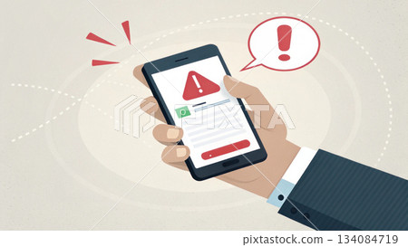 Hand holding smartphone with suspicious scam alert message on screen. Security warning about online phishing threat, feeling of concern and danger 134084719