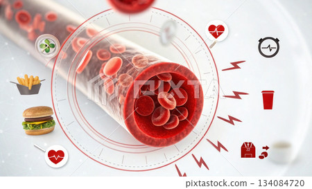 Medical illustration concept of blood vessel with high cholesterol risk from unhealthy diet and poor health choices affecting heart and artery 134084720