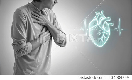 Suffering man with chest pain from heart attack, conceptual illustration of cardiovascular disease with an electrocardiogram on grey background Suffering man with chest pain from heart attack, conceptual illustration of cardiovascular disease with an electrocardiogram on grey background 134084799