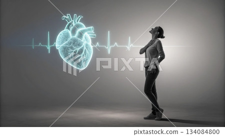 Conceptual medical illustration of woman feeling heart pain and chest discomfort. cardiogram shows heartbeat on futuristic hologram 134084800