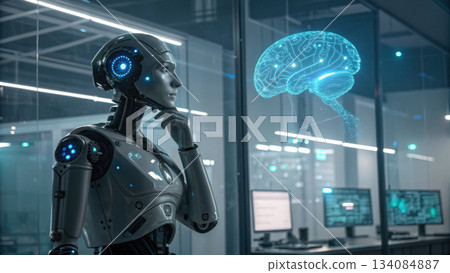Contemplative humanoid robot thinking with future ai technology. glowing digital brain hologram represents artificial intelligence learning data 134084887