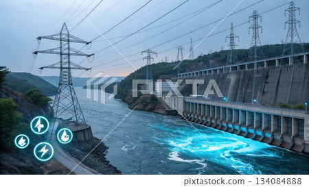 Hydroelectric power dam concept for clean energy generation. Glowing blue water shows powerful electricity technology and futuristic grid supply 134084888