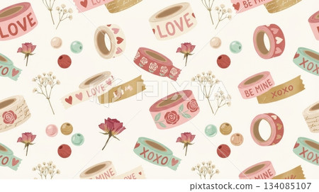 Seamless Pattern with Cute Vintage Tape, Beads, and Dried Flowers 134085107