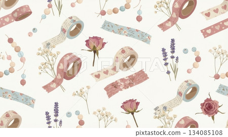 Seamless Pattern with Cute Vintage Tape, Beads, and Dried Flowers 134085108