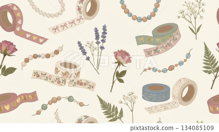 Seamless Pattern with Cute Vintage Tape, Beads, and Dried Flowers Seamless Pattern with Cute Vintage Tape, Beads, and Dried Flowers 134085109