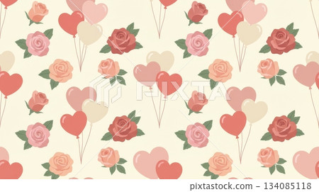 Seamless Pattern with Heart Balloons and Roses 134085118