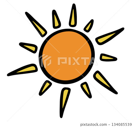 Hand drawn illustration of sun for day time, summer break, sticker, picnic, park, beach vibe, patch, hot season, warm weather, temperature, earth, nature, garden, outdoor, playtime, exercise, running 134085539