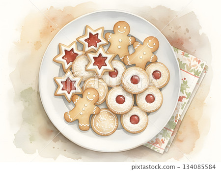 Plate of Assorted Christmas Cookies Watercolor 134085584