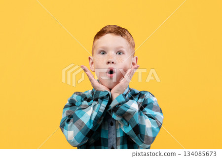 Surprised little boy in casual shirt, face expression concept. Shocked redhead kid keeping mouth open and touching his face, seeing something shocking, yellow studio background, copy space. Surprised little boy in casual shirt, face expression concept. Shocked redhead kid keeping mouth open and touching his face, seeing something shocking, yellow studio background, copy space. 134085673