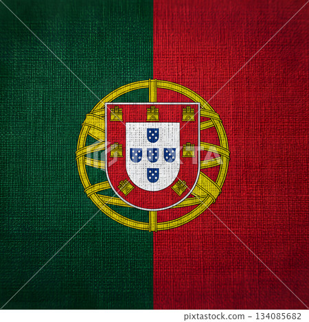 Textured Portugal flag with coat of arms close up 134085682