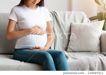 Portrait Of Young Beautiful Expectant Lady Relaxing On Comfortable Couch In Living Room, Smiling Beautiful Millennial Pregnant Woman Tenderly Touching Her Belly, Enjoying Prenatal Time, Free Space 134085811