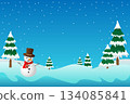 A winter scene featuring a smiling snowman wearing a brown top hat and a red scarf, standing on snowy hills under a clear blue sky, surrounded with evergreen trees while snowflakes fall from above. 134085841