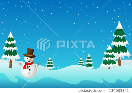 A winter scene featuring a smiling snowman wearing a brown top hat and a red scarf, standing on snowy hills under a clear blue sky, surrounded with evergreen trees while snowflakes fall from above. A winter scene featuring a smiling snowman wearing a brown top hat and a red scarf, standing on snowy hills under a clear blue sky, surrounded with evergreen trees while snowflakes fall from above. 134085841
