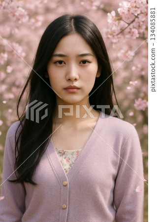 Woman Portrait with Cherry Blossoms 134085881