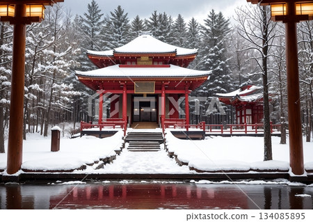 Snow-covered red shrine and winter scenery Traditional Japanese architecture and beautiful snow scenery 134085895