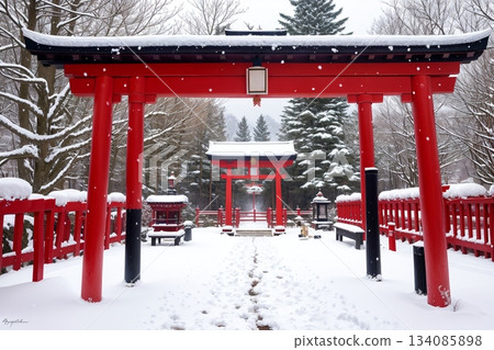 白雪皚皚的景色中,矗立著一座紅色的鳥居和神社。 白雪皚皚的景色中,矗立著一座紅色的鳥居和神社。 134085898