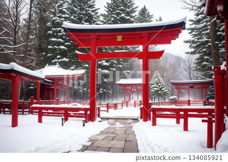 Winter shrine scenery: Red torii gate and snowy approach 134085921