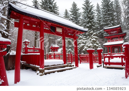 A red torii gate and snowy scenery shining on a winter morning 134085923