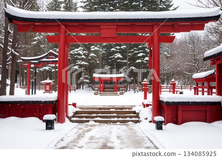 A red torii gate standing in a silvery white world 134085925