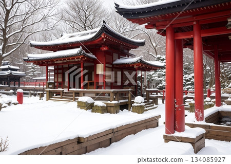 Winter worship scene: A snow-covered Japanese shrine 134085927