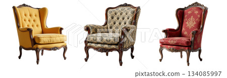Classic armchair set with elegant wooden frame and patterned upholstery in yellow, beige, and red colors, isolated on white 134085997