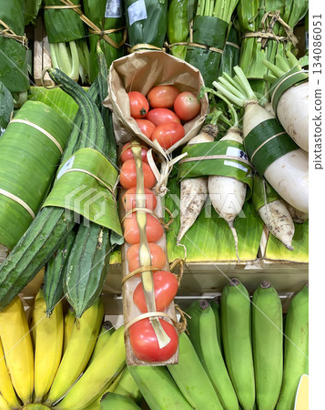 Fresh vegetables banana leaf wrap 134086051