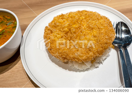 Golden omelet rice closeup 134086090