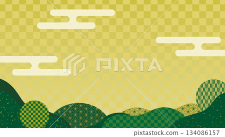 Japanese pattern and cloud Japanese style background material / green and gold background Japanese pattern and cloud Japanese style background material / green and gold background 134086157