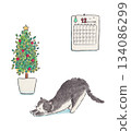 Illustration of a stretching cat and a Christmas tree 134086299