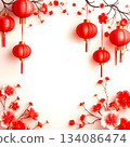 A bright festive design featuring vibrant red lanterns and tree branches with blooming red and pink flowers, with soft white background creates a clean, spacious center ideal for text or messages. 134086474
