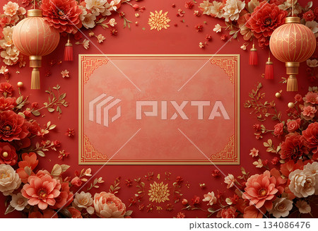 A beautifully ornate red background with elaborate floral arrangements, gold accents, and traditional lanterns creates an elegant and festive composition, in shades of gold, red, peach, and cream. 134086476