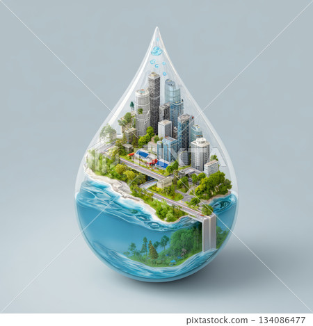 Urban water conservation city drop, sustainable skyline, eco friendly infrastructure, clean energy, river, forest, climate 134086477