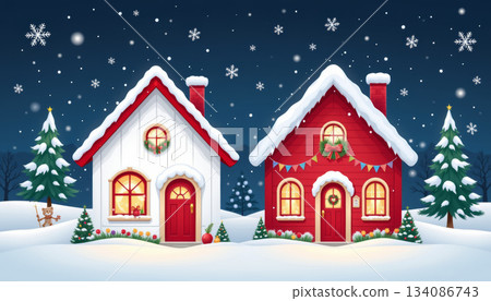 Snowy village winter cottage red house white house holiday decoration night sky festive cozy joy 134086743