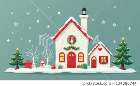 Cozy winter house, red door, wreath, snow, pine tree, gift, holiday cheer with calm mood and gentle snowfall all around Cozy winter house, red door, wreath, snow, pine tree, gift, holiday cheer with calm mood and gentle snowfall all around 134086744