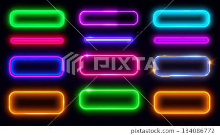 Neon button set glowing ui rounded frame bright gradient colorful outline shiny web luminous edge vibrant 134086772
