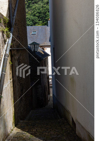 Esch-sur-Sure, Wiltz, Grand-Duche de Luxembourg, September 07, 2025, Partitioned cobbled street with 134086826