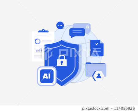 AI data protection officer dashboard concept. Ai-powered DPO cybersecurity dashboard compliance monitors threats network cloud software management analytics server. Isolated flat vector illustration AI data protection officer dashboard concept. Ai-powered DPO cybersecurity dashboard compliance monitors threats network cloud software management analytics server. Isolated flat vector illustration 134086929