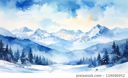 Snow-covered winter forest and mountains watercolor style 134086952