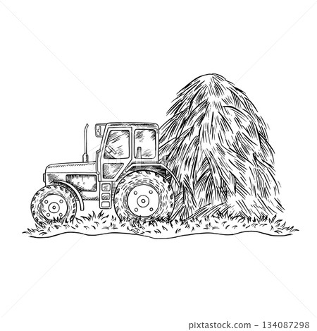 A haystack and a tractor. A hand-drawn black and white vector illustration. Preparing hay for animals. For the design of farm projects, as well as packaging, labels, and more. 134087298