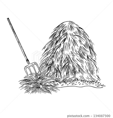 A haystack and a pitchfork. A hand-drawn black-and-white vector illustration. Animal feed. For the design of farm projects, as well as packaging, labels, and more. A haystack and a pitchfork. A hand-drawn black-and-white vector illustration. Animal feed. For the design of farm projects, as well as packaging, labels, and more. 134087300