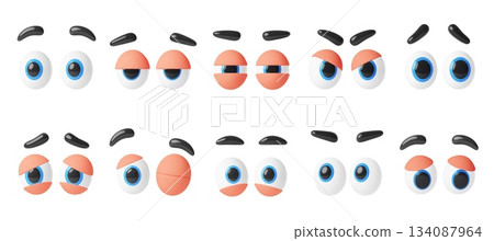 3d cartoon eyes, mascot character comic eyeballs with blue pupils, black eyebrows and eyelid variations. Vector set of animated emotions for comic character avatars, gaming graphics and stickers 134087964