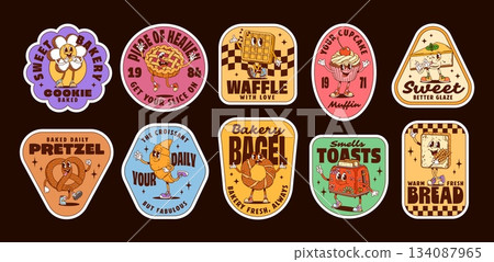 Groovy label stickers with bakery characters. Vector set of playful baked goods, nostalgic and fun cookies, waffles, cupcakes, bread and toaster, each with cheerful expressions and retro typography Groovy label stickers with bakery characters. Vector set of playful baked goods, nostalgic and fun cookies, waffles, cupcakes, bread and toaster, each with cheerful expressions and retro typography 134087965
