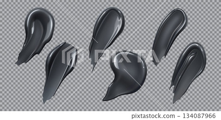 Realistic black gel or lotion cream and cosmetic swatch smears set, vector texture. Black cream swatch strokes and smudges of charcoal lotion gel or paint drop blobs for facial mask or makeup cream Realistic black gel or lotion cream and cosmetic swatch smears set, vector texture. Black cream swatch strokes and smudges of charcoal lotion gel or paint drop blobs for facial mask or makeup cream 134087966