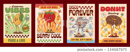 Retro funky groovy hippie characters posters with funny disco ball in sunglasses, cartoon vector. Y2K groovy posters with hippie strawberry and freaky donut dessert with flowers and good vibe quotes 134087975