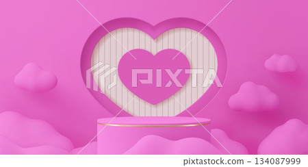 Pink podium stage with heart and clouds. Vector circular display stand with fluffy cloud decorations and love heart. 3d scene with realistic lighting for cosmetic product mockups 134087999