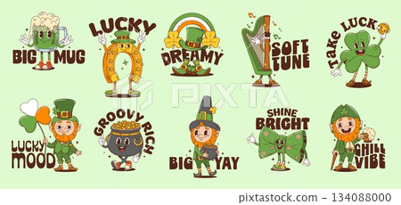 Irish St Patrick day y2k groovy stickers with cartoon cheerful leprechauns, shamrocks, gold coins, beer mug, rainbow and quirky text captions. Vector festive patches for holiday decor and celebrations 134088000